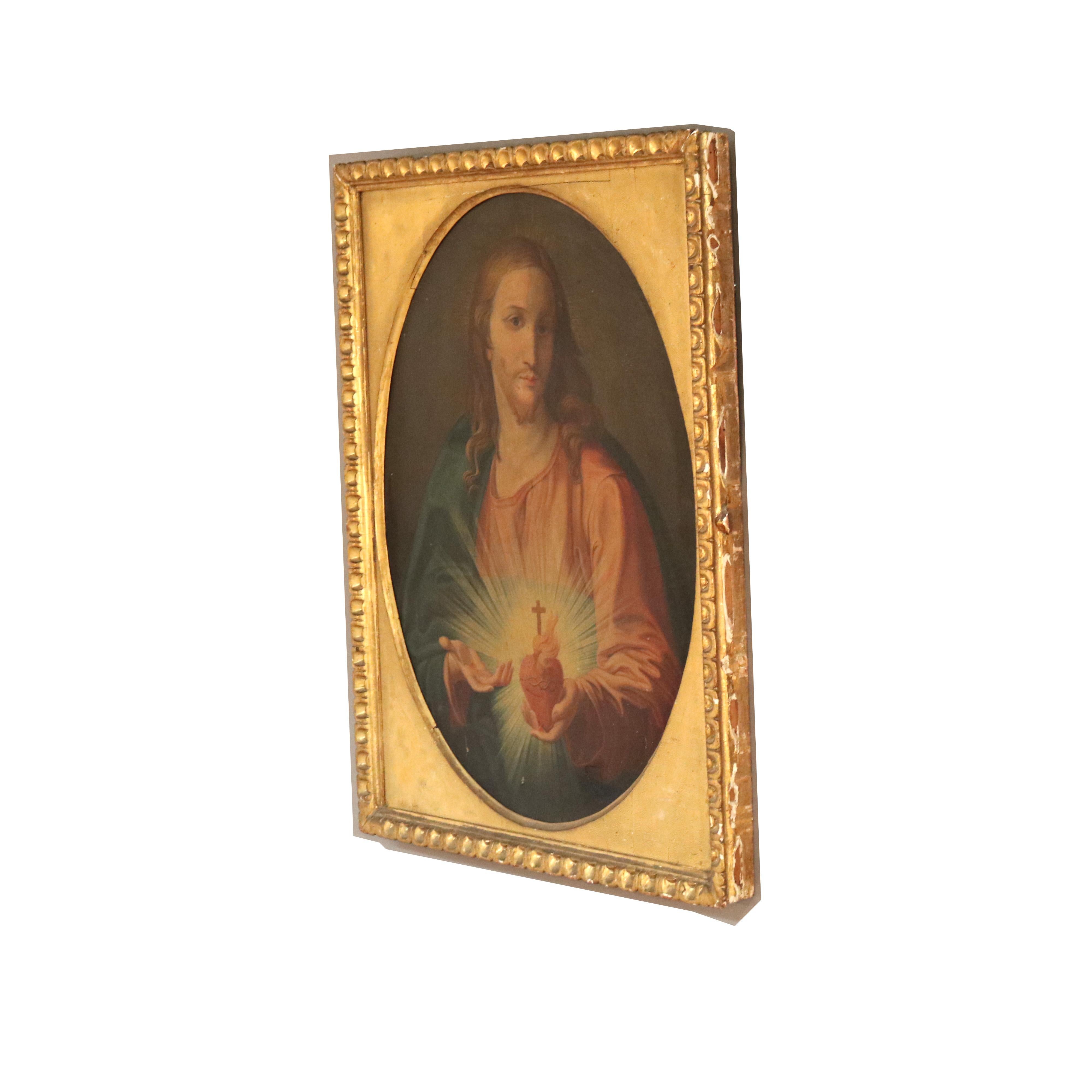 18th Century and Earlier 18th Century Oil On Canvas Portrait Of Jesus Christ With Sacred Heart C1780