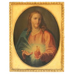 Antique 18th Century Oil On Canvas Portrait Of Jesus Christ With Sacred Heart C1780