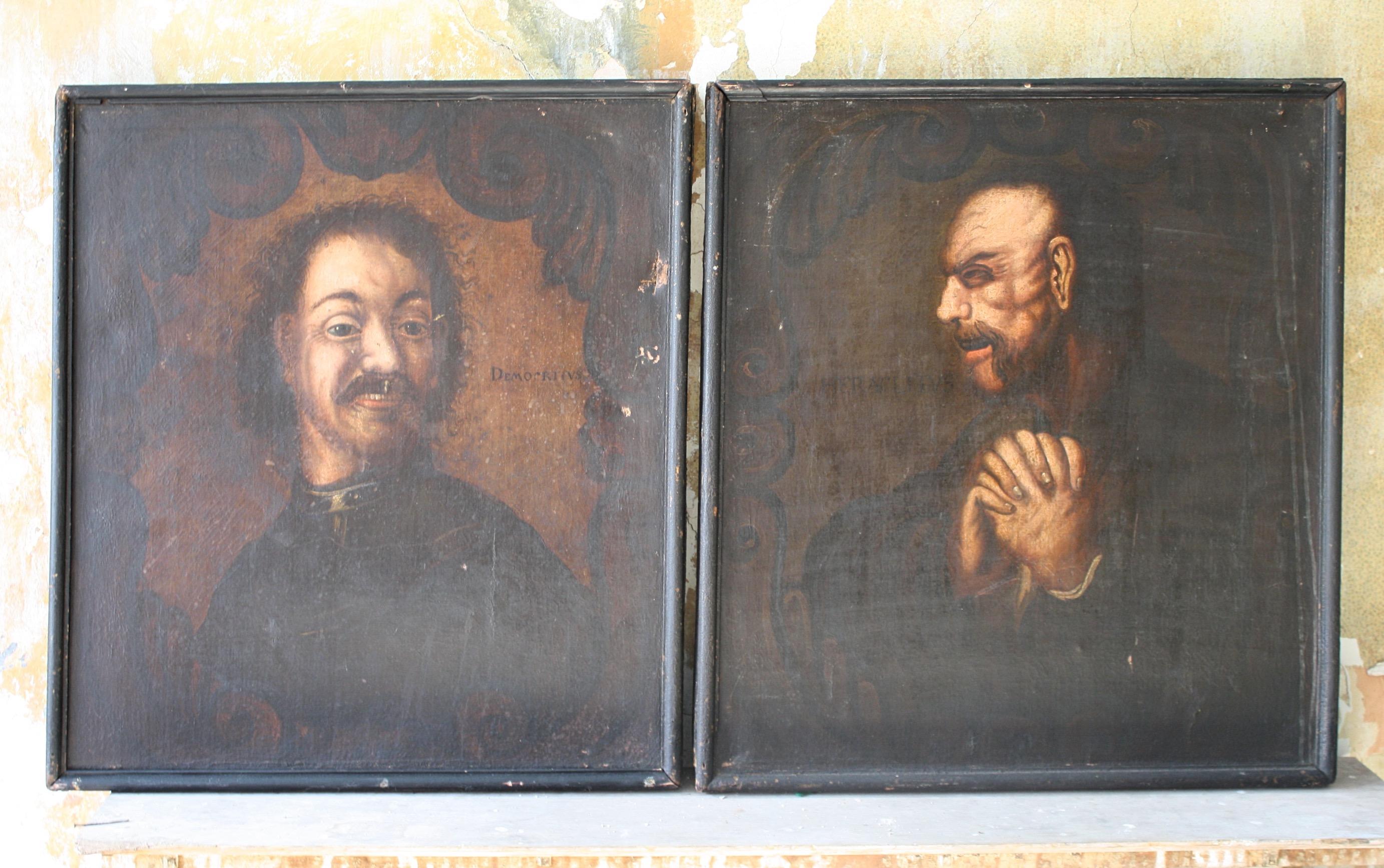 18th Century Oil on Canvas Portraits Democritus Laughing & Heraclitus Weeping 6