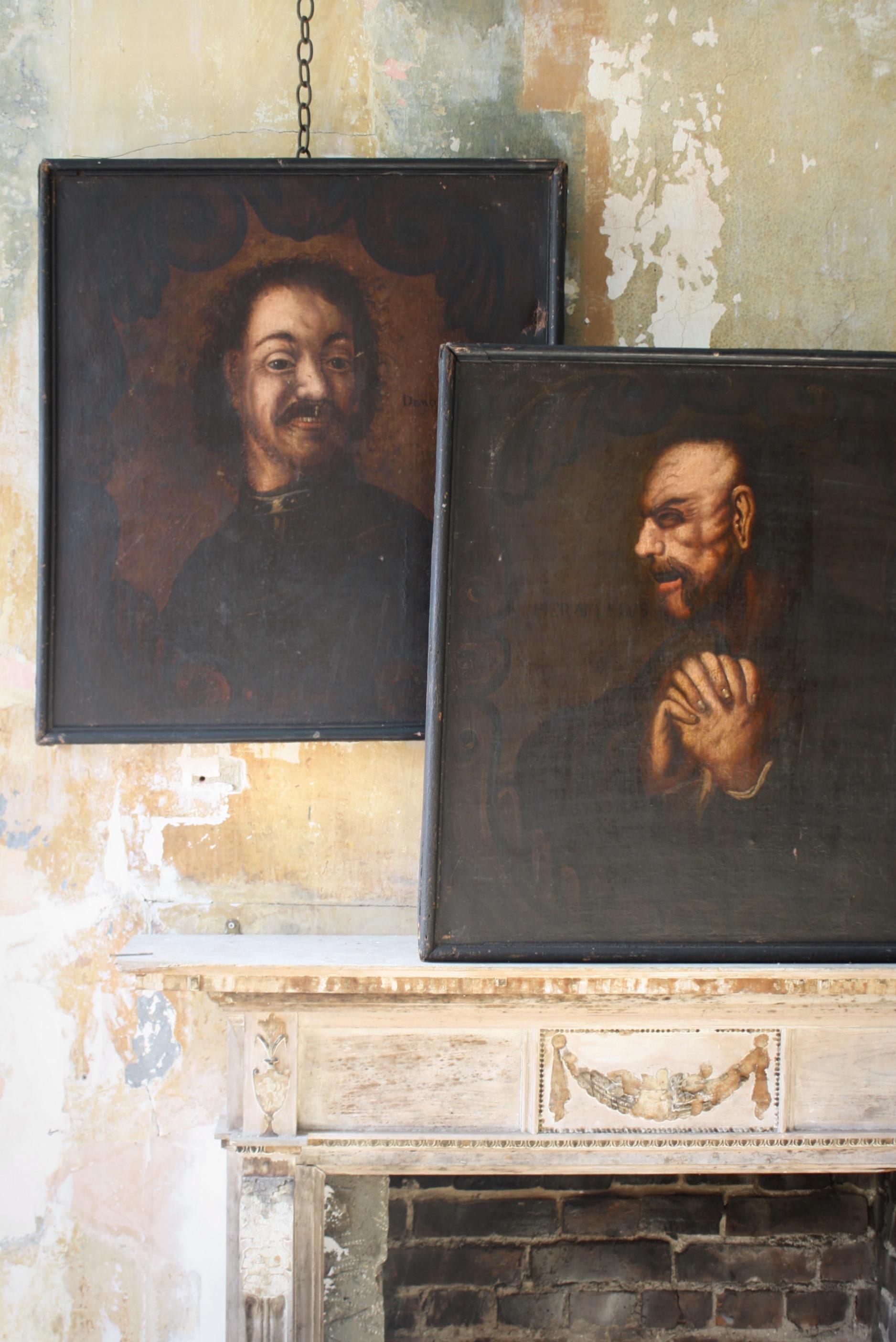 A odd pair of portraits very much in the manner of John (Tim Bobbin) Collier the Lancashire Hogarth.

The paining portray Democritus Laughing and Heraclitus Weeping, taken from the original image by Rembrandt Harmenszoon van Rijn, 1606-1669. Later