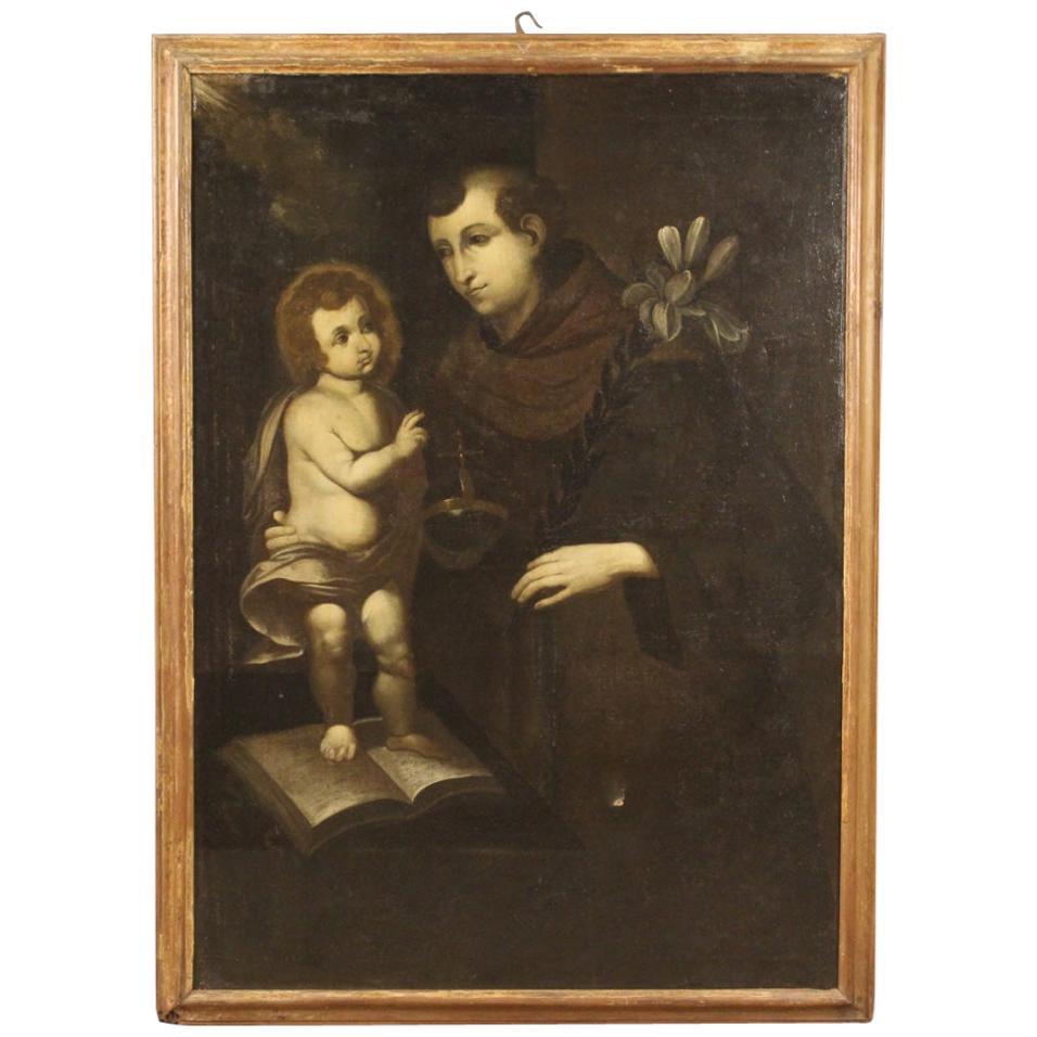 18th Century Oil on Canvas Religious Italian Antique Painting Saint Anthony