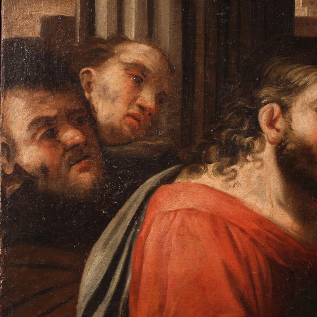 Huile sur toile du 18e siècle Peinture religieuse italienne Le Christ et la femme adultère en vente 9