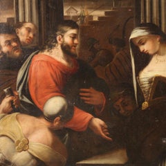 Olio su tela del XVIII secolo Pittura religiosa italiana Cristo e l'adultera