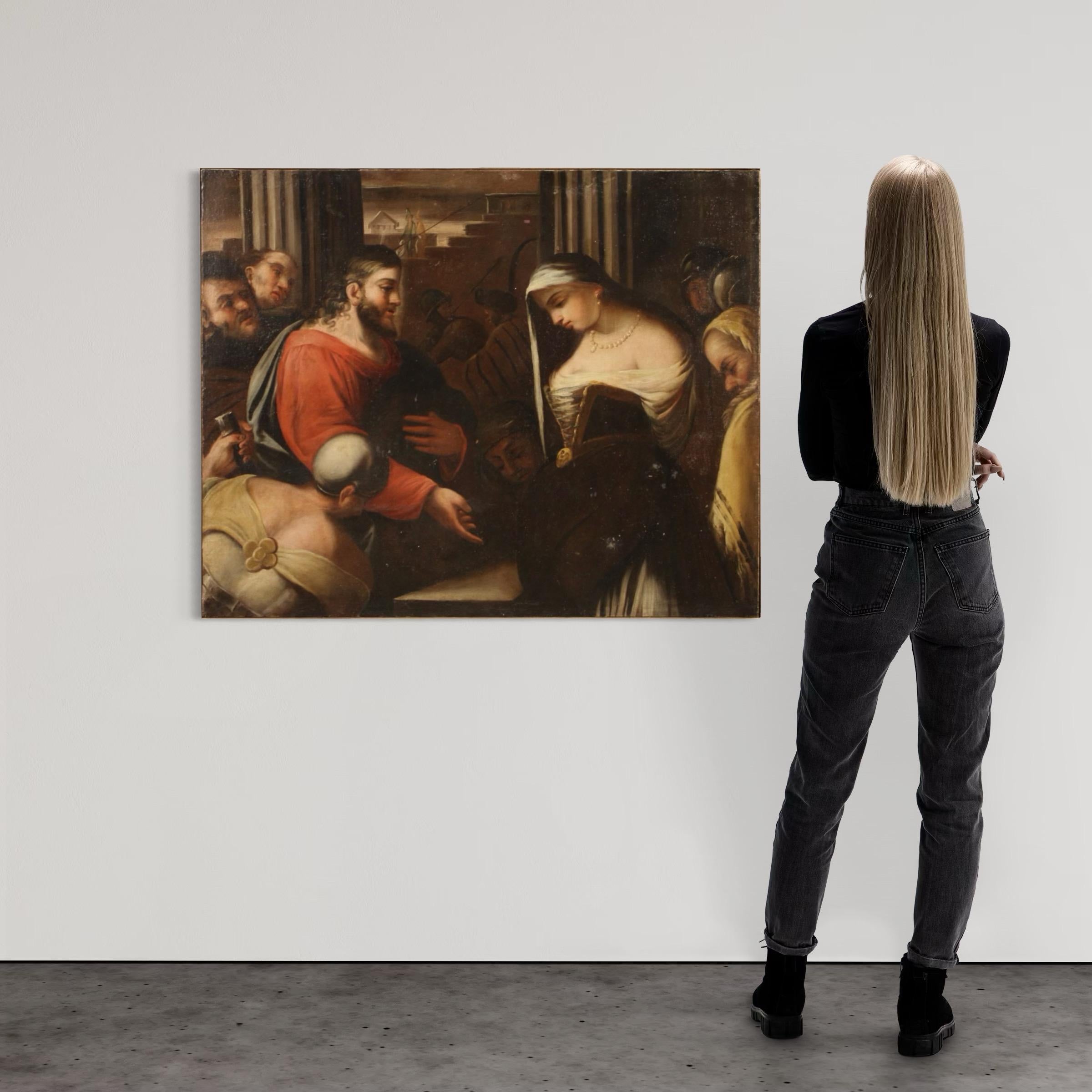 Huilé Huile sur toile du 18e siècle Peinture religieuse italienne Le Christ et la femme adultère en vente