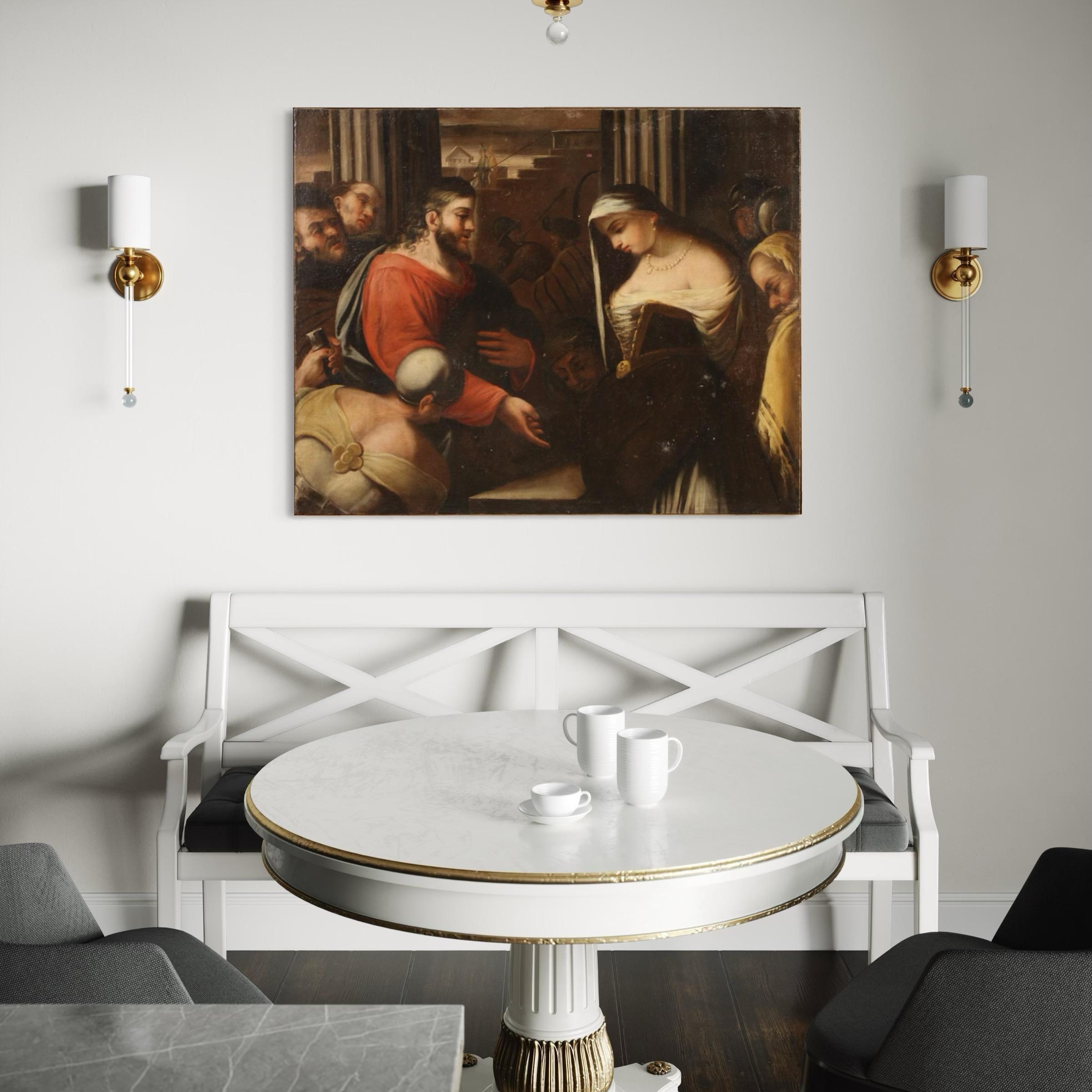Fin du XVIIIe siècle Huile sur toile du 18e siècle Peinture religieuse italienne Le Christ et la femme adultère en vente