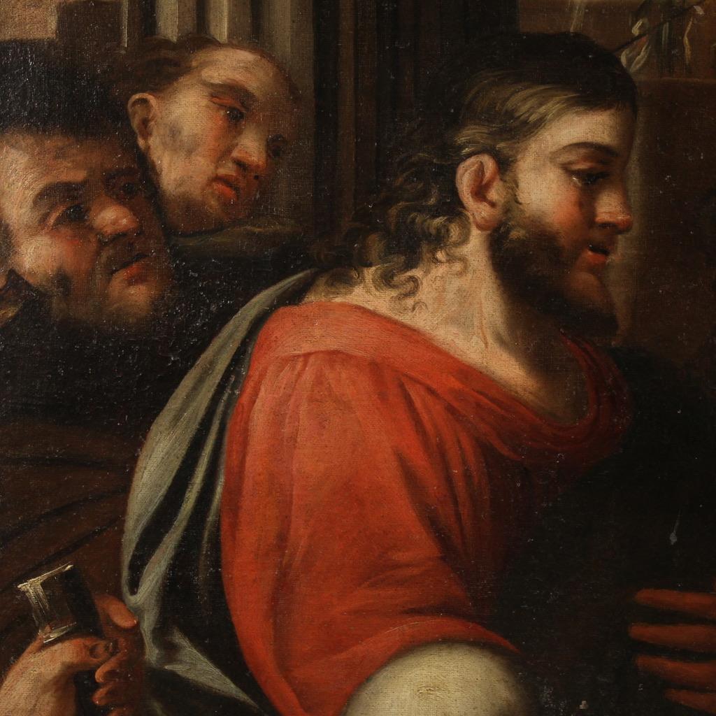 Toile Huile sur toile du 18e siècle Peinture religieuse italienne Le Christ et la femme adultère en vente