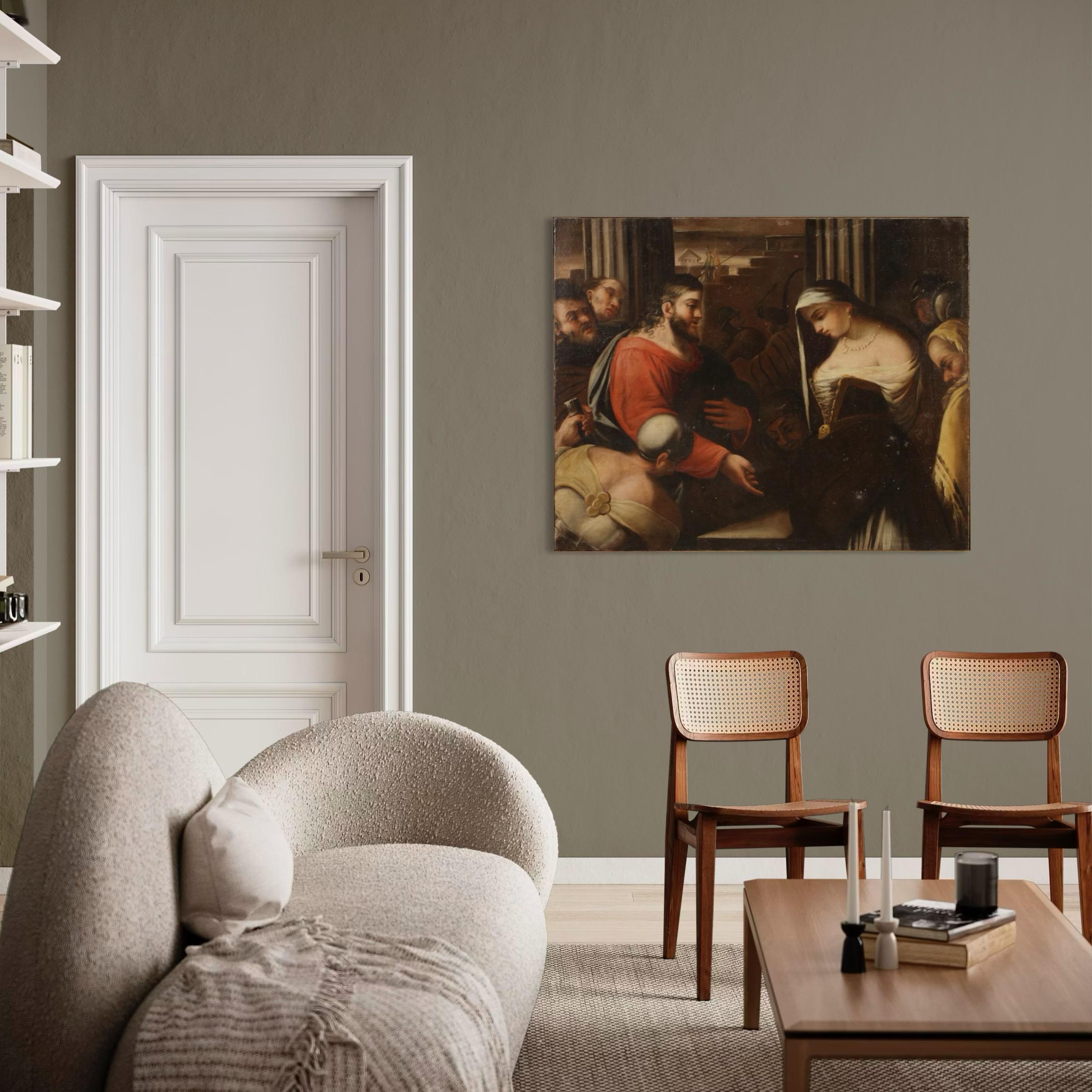 Huile sur toile du 18e siècle Peinture religieuse italienne Le Christ et la femme adultère en vente 2