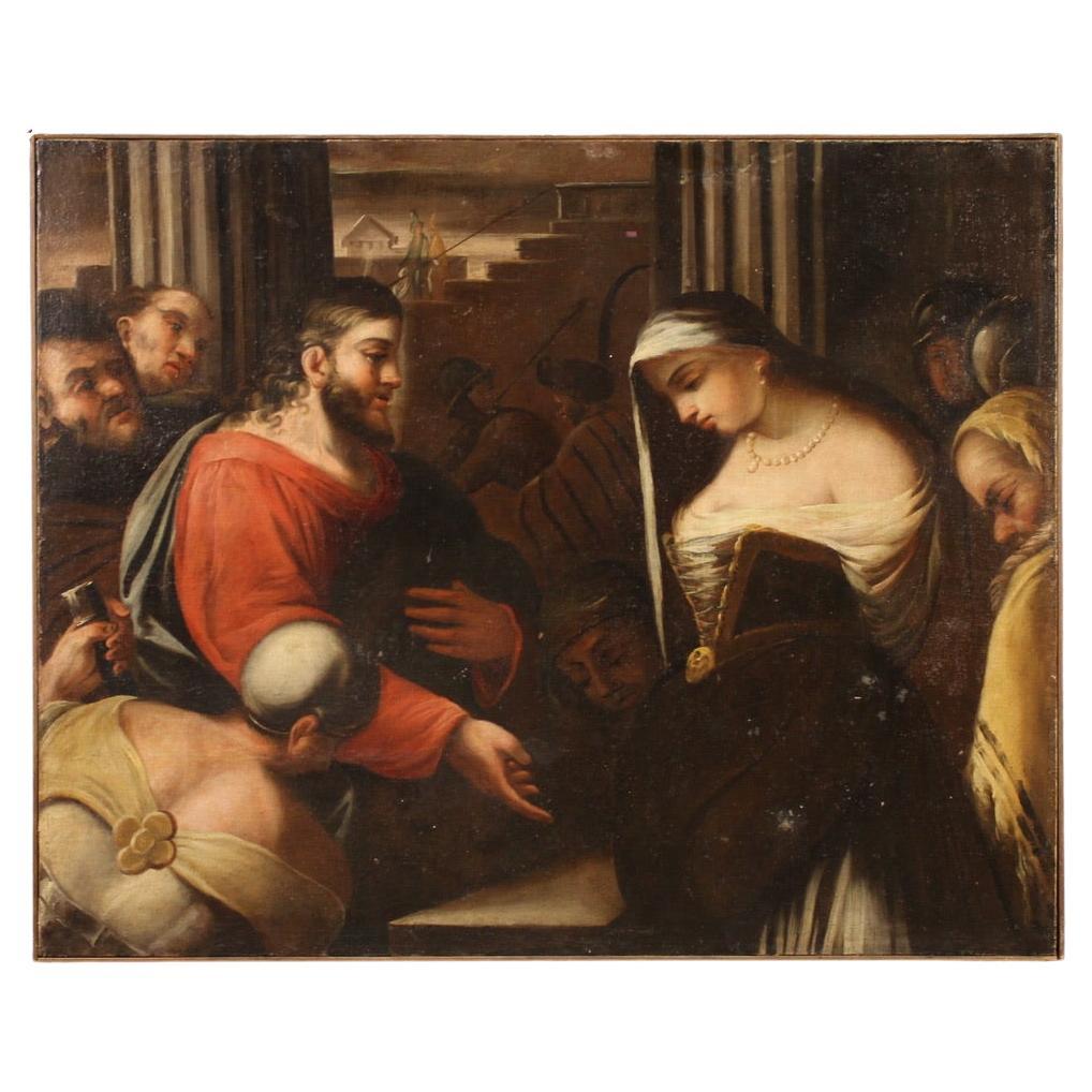 Huile sur toile du 18e siècle Peinture religieuse italienne Le Christ et la femme adultère