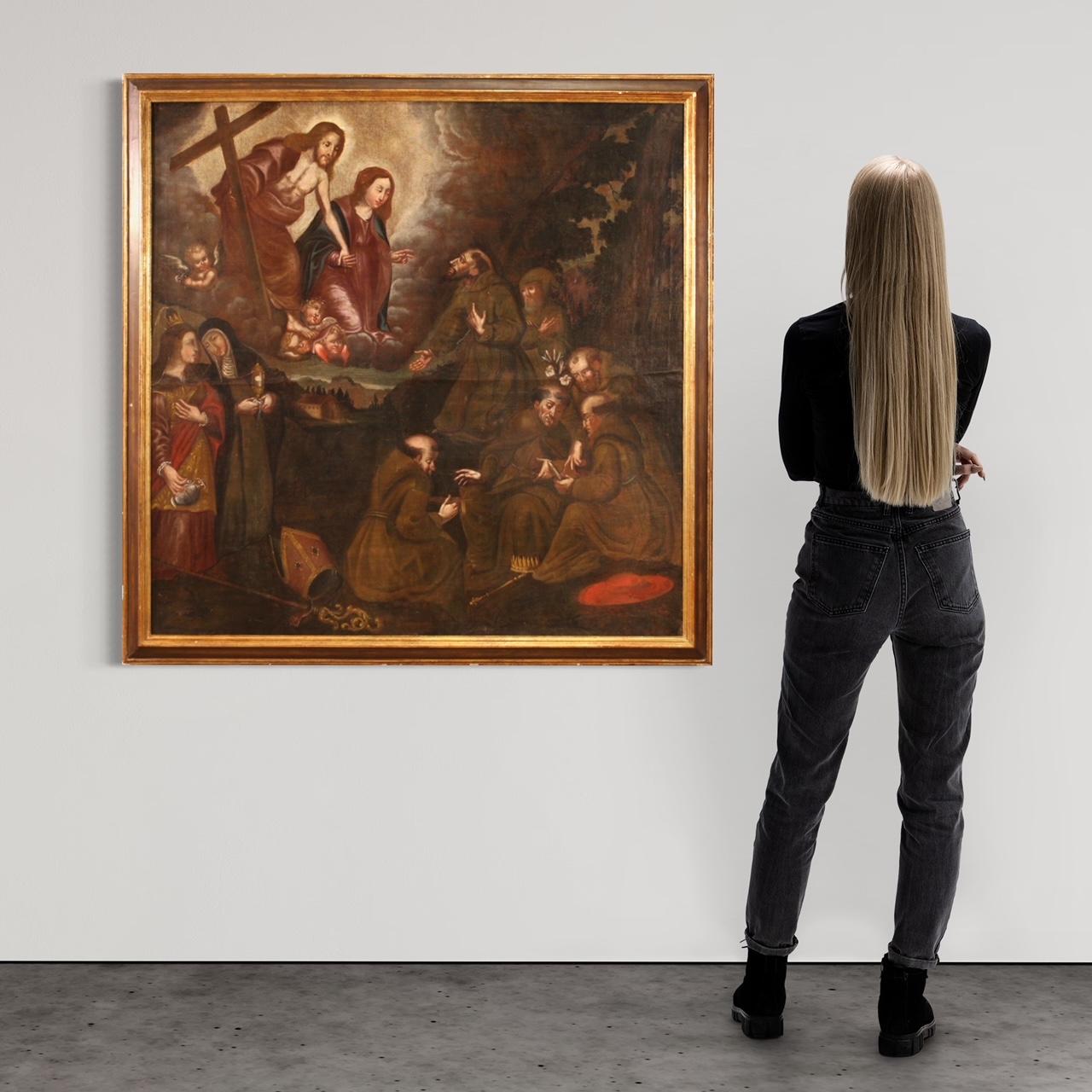 Antique Spanish painting from the 18th century. Artwork oil on canvas depicting a religious subject, Adoration of Saints with Christ and the Virgin Mary, of good pictorial quality. The painter places numerous saints in the lower part, including