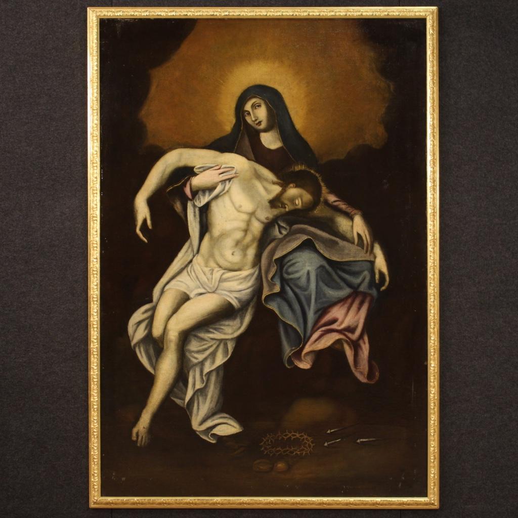 Antique Spanish painting from 18th century. Framework oil on canvas depicting a religious subject Piety, Virgin with deposed Christ, of good pictorial quality. Large size and impact painting adorned with a modern frame in wood and plaster finely