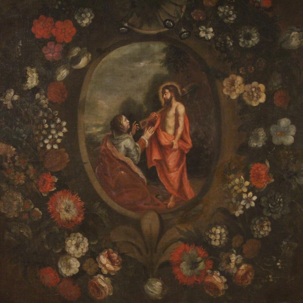 Antique Spanish painting from the second half of the 18th century. Oil painting on canvas depicting an oval sacred art subject with a still-life frame with flowers. Large impact painting, for antique dealers and collectors of antique paintings. 20th