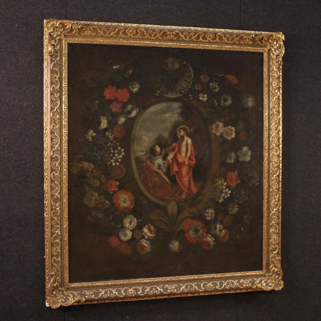 18th Century Oil on Canvas Spanish Antique Religious Painting with Still Life In Good Condition In Vicoforte, Piedmont