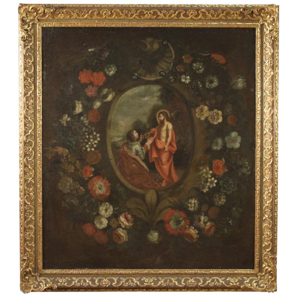 18th Century Oil on Canvas Spanish Antique Religious Painting with Still Life