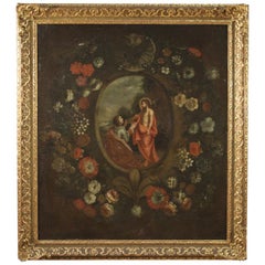 18th Century Oil on Canvas Spanish Antique Religious Painting with Still Life