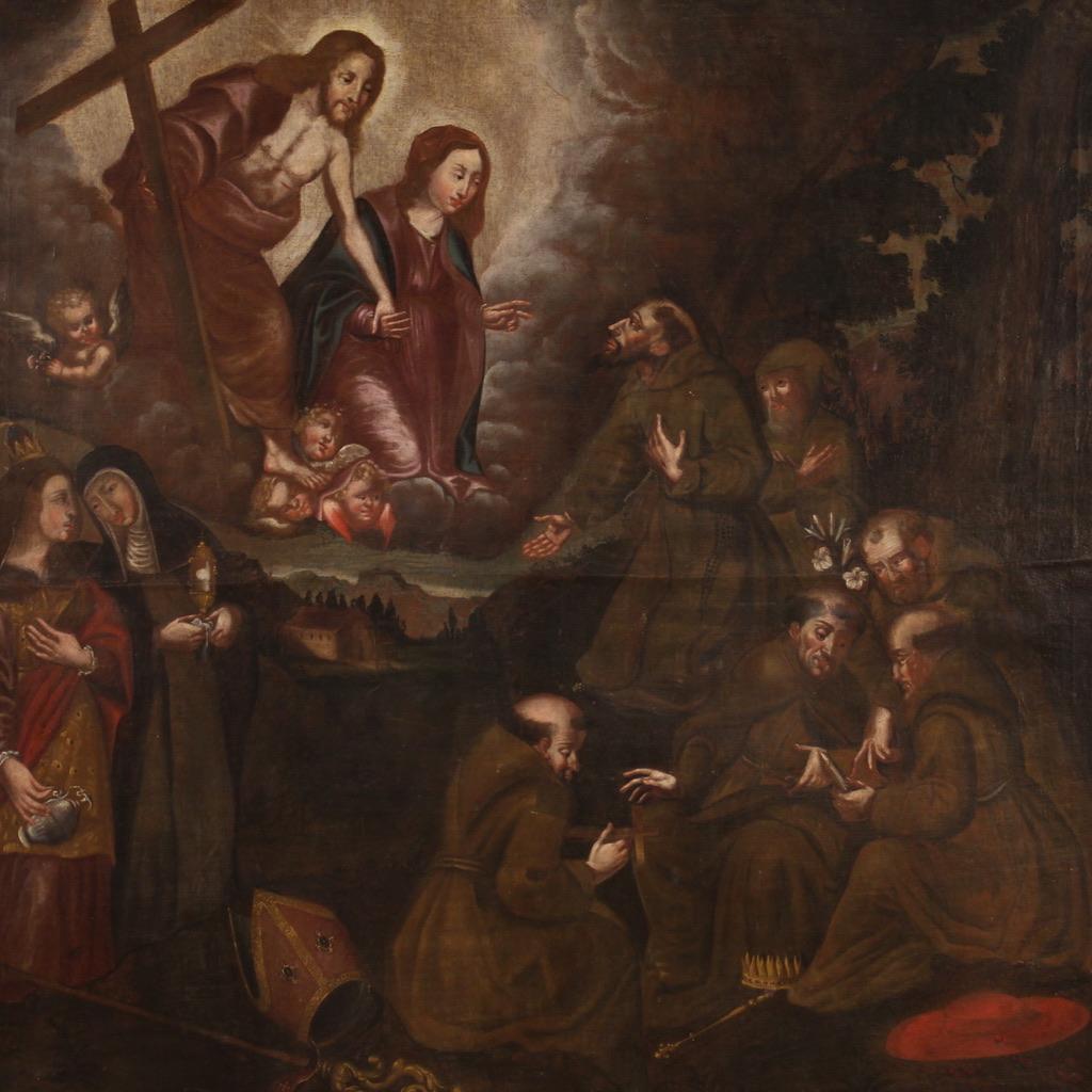Antique Spanish painting from the 18th century. Artwork oil on canvas depicting a religious subject, Adoration of Saints with Christ and the Virgin Mary, of good pictorial quality. The painter places numerous saints in the lower part, including