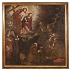 Vintage 18th Century Oil on Canvas Spanish Religious Painting Adoration of Saints, 1730