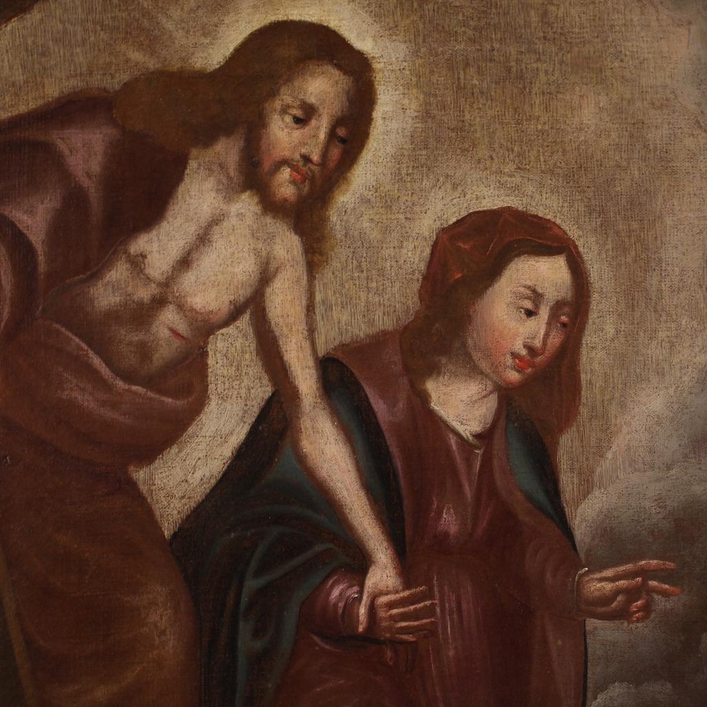 18. Jahrhundert Öl auf Leinwand Spanisch religiöse Malerei Heilige mit Christus, 1730 im Angebot 4