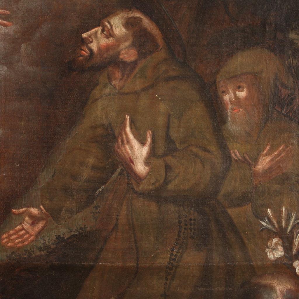 18th Century Oil on Canvas Spanish Religious Painting Saints with Christ, 1730 For Sale 7