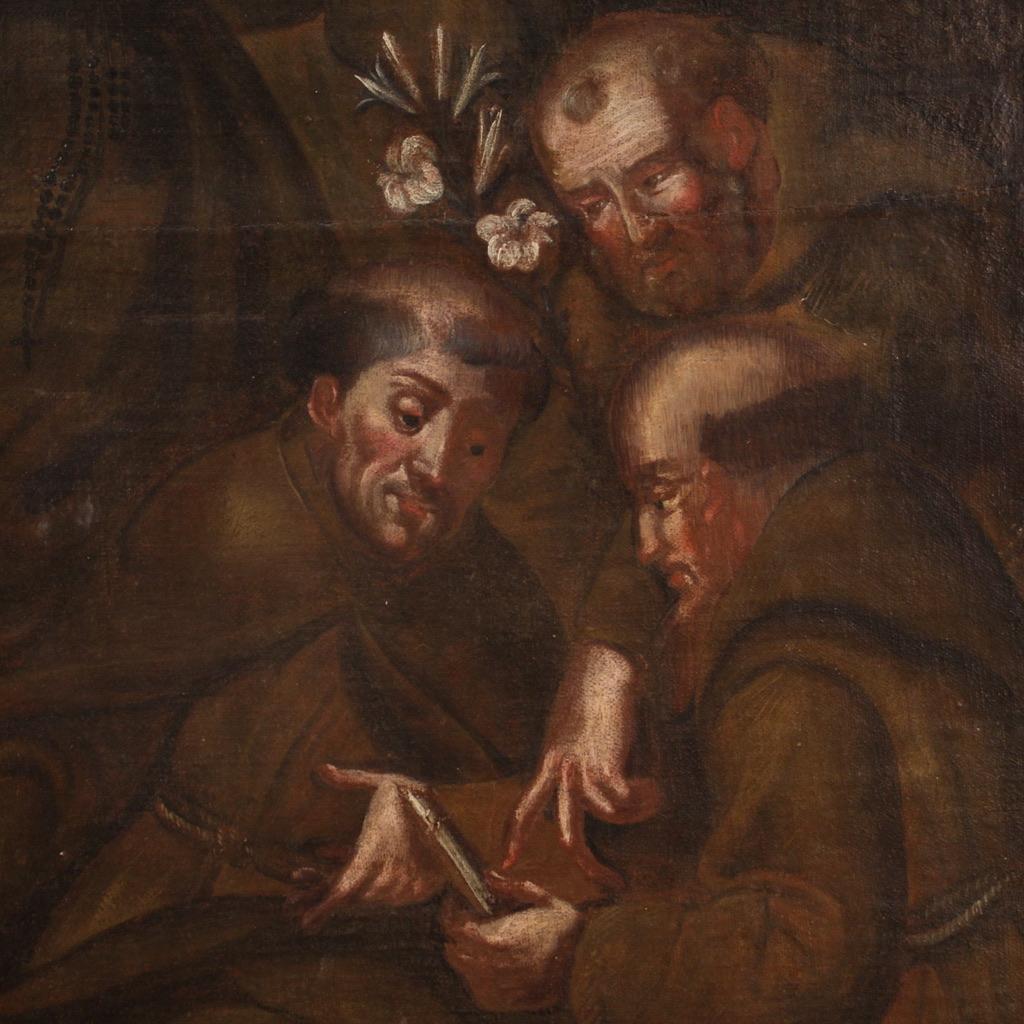 18th Century Oil on Canvas Spanish Religious Painting Saints with Christ, 1730 For Sale 10