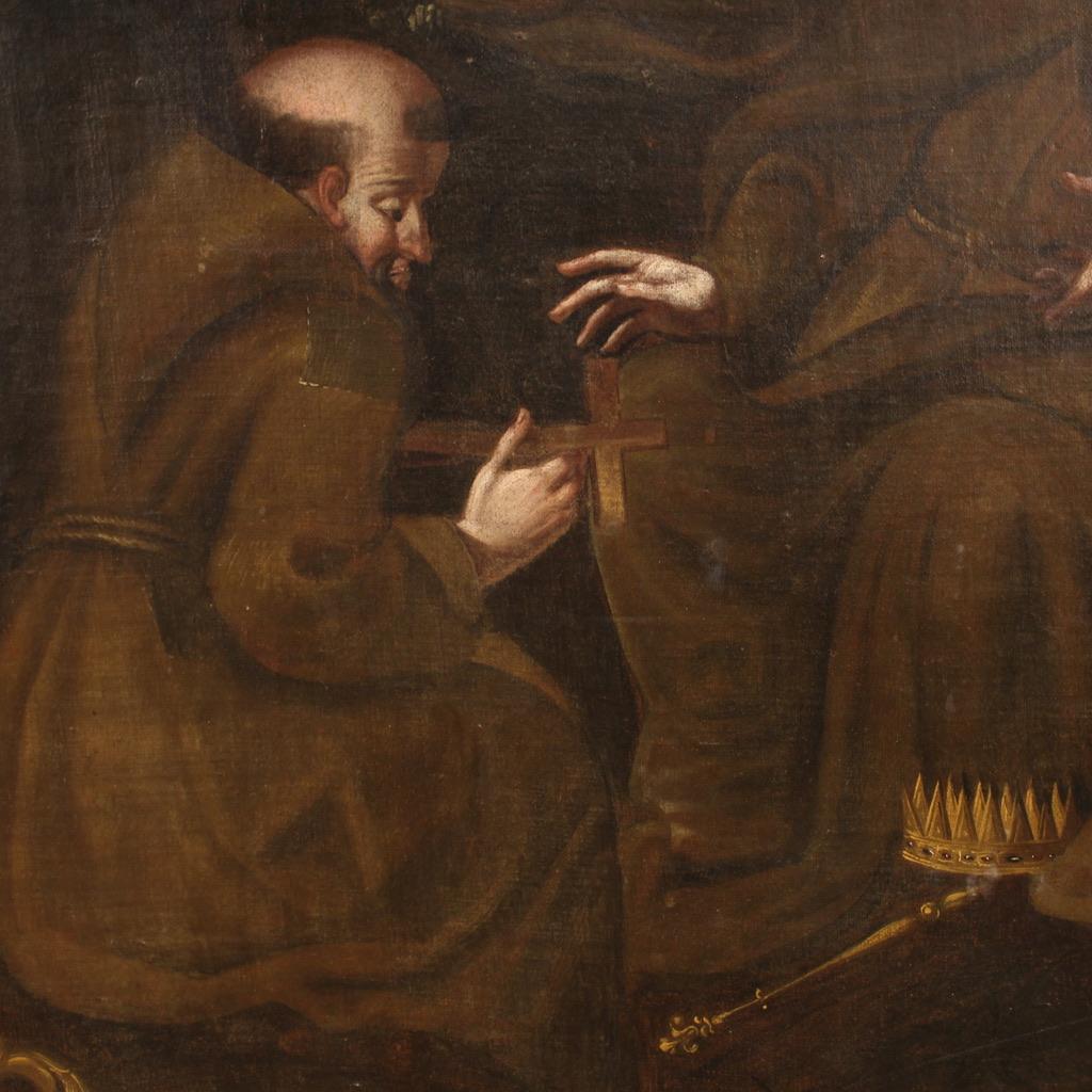 18th Century Oil on Canvas Spanish Religious Painting Saints with Christ, 1730 For Sale 11
