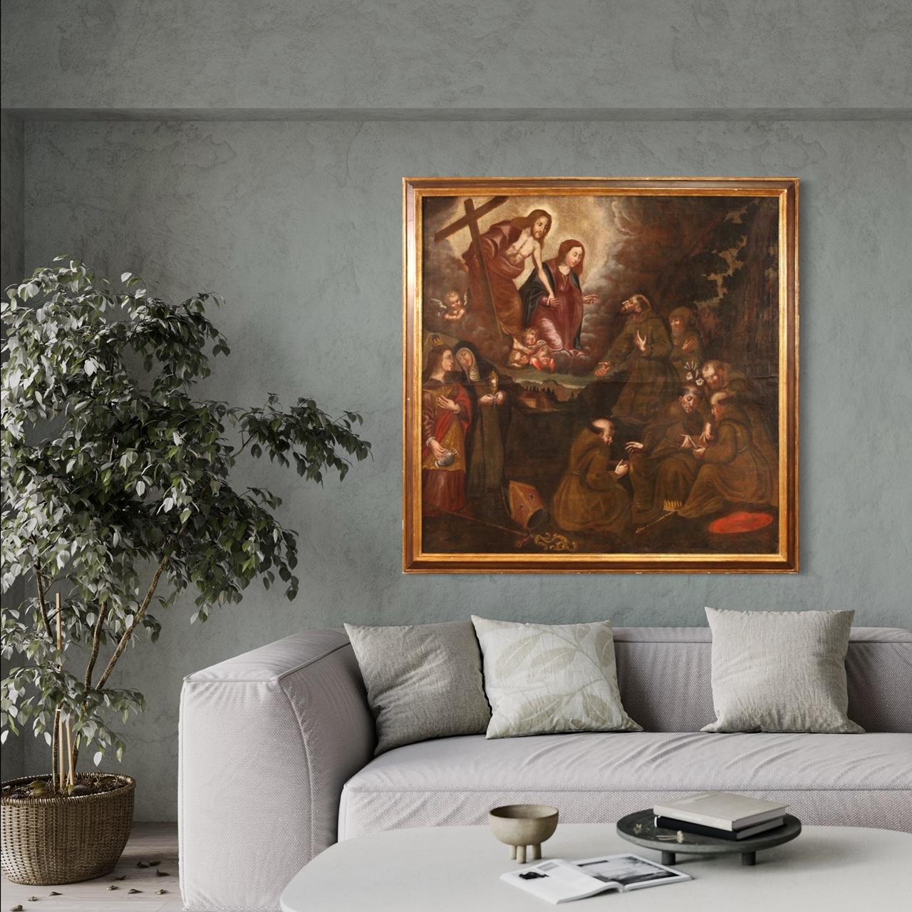 Antique Spanish painting from the 18th century. Artwork oil on canvas depicting a religious subject, Adoration of Saints with Christ and the Virgin Mary, of good pictorial quality. The painter places numerous saints in the lower part, including
