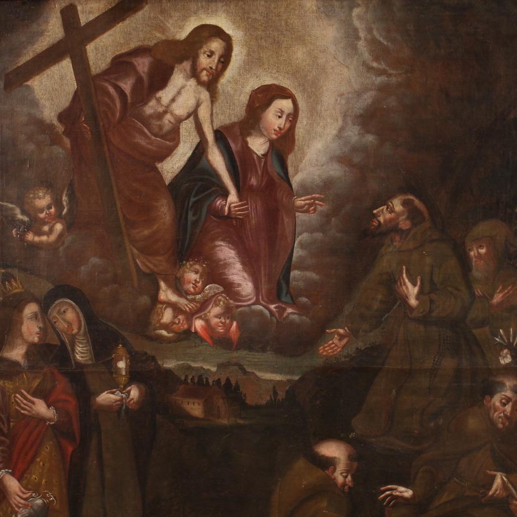 Mid-18th Century 18th Century Oil on Canvas Spanish Religious Painting Saints with Christ, 1730 For Sale