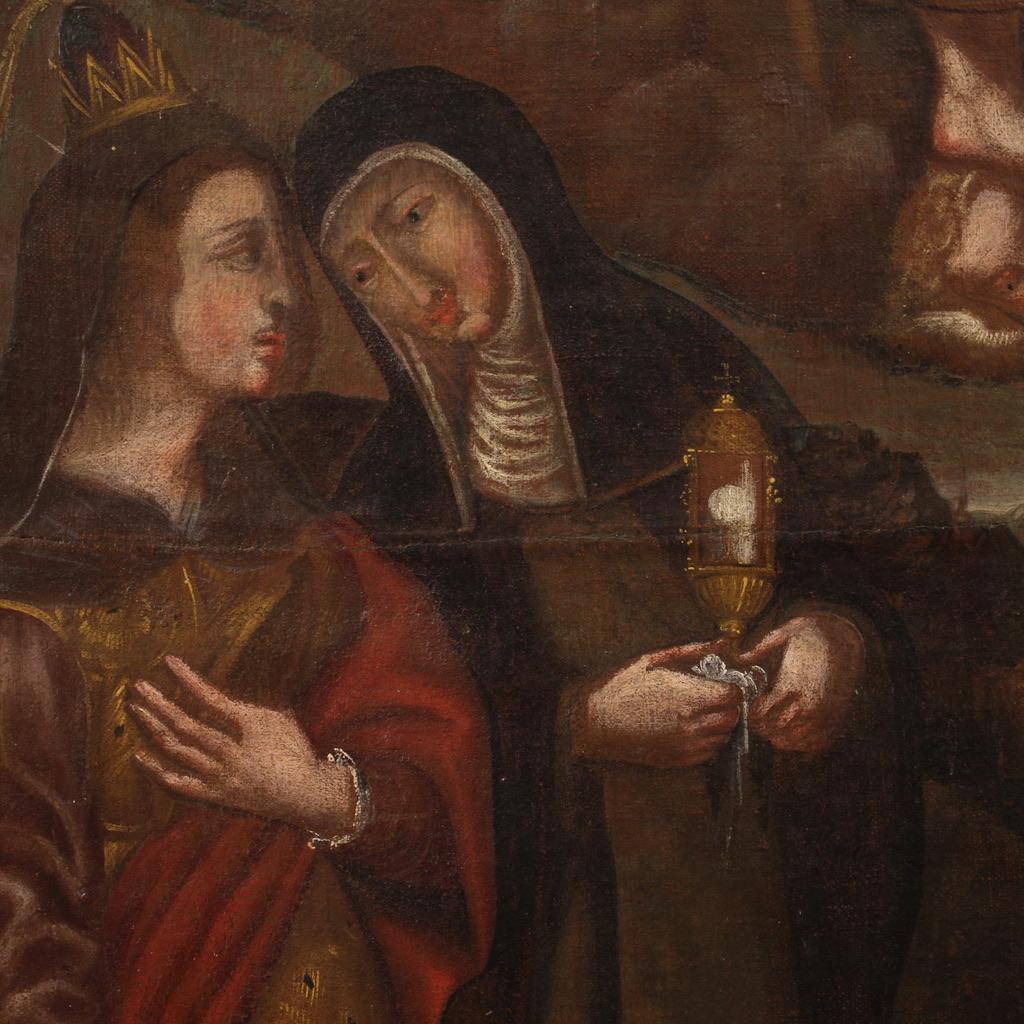 18th Century Oil on Canvas Spanish Religious Painting Saints with Christ, 1730 For Sale 3