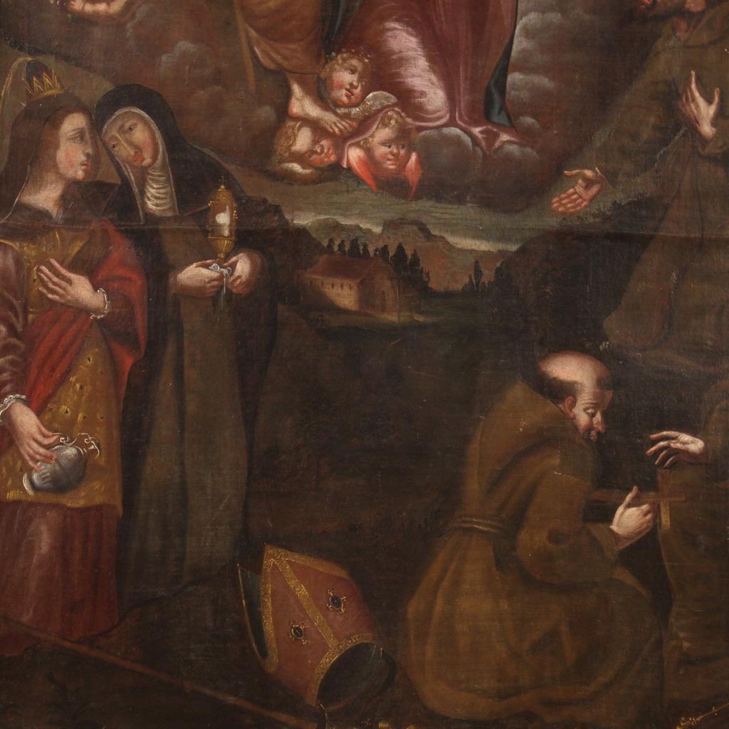 18. Jahrhundert Öl auf Leinwand Spanisch religiöse Malerei Heilige mit Christus, 1730 im Angebot 3