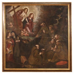 Antique 18th Century Oil on Canvas Spanish Religious Painting Saints with Christ, 1730