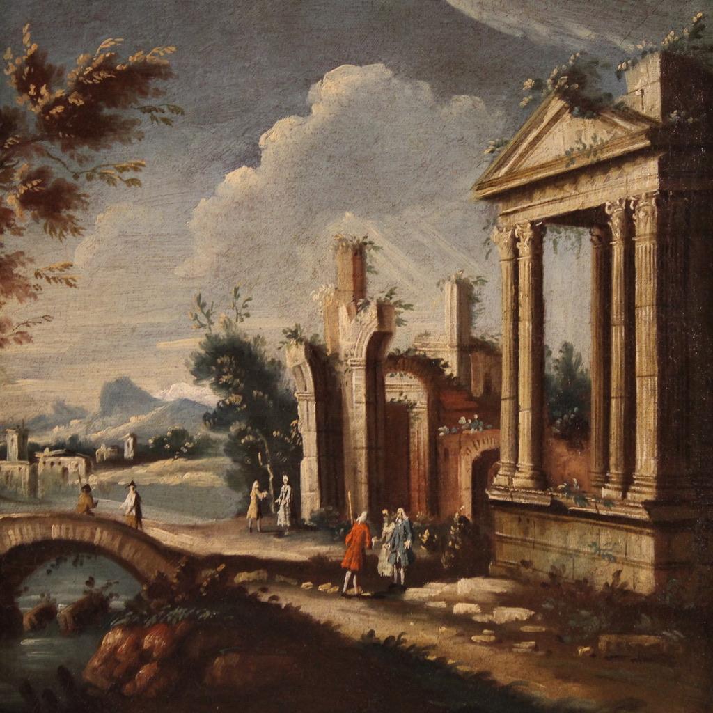 Italian 18th Century Oil on Canvas Venetian Architectural Capriccio Landscape Painting in vendita