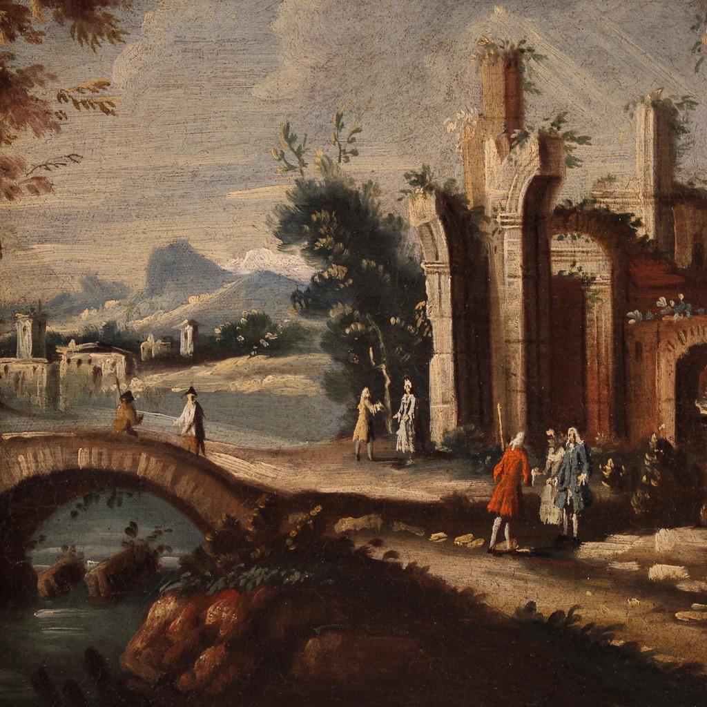 A olio 18th Century Oil on Canvas Venetian Architectural Capriccio Landscape Painting in vendita