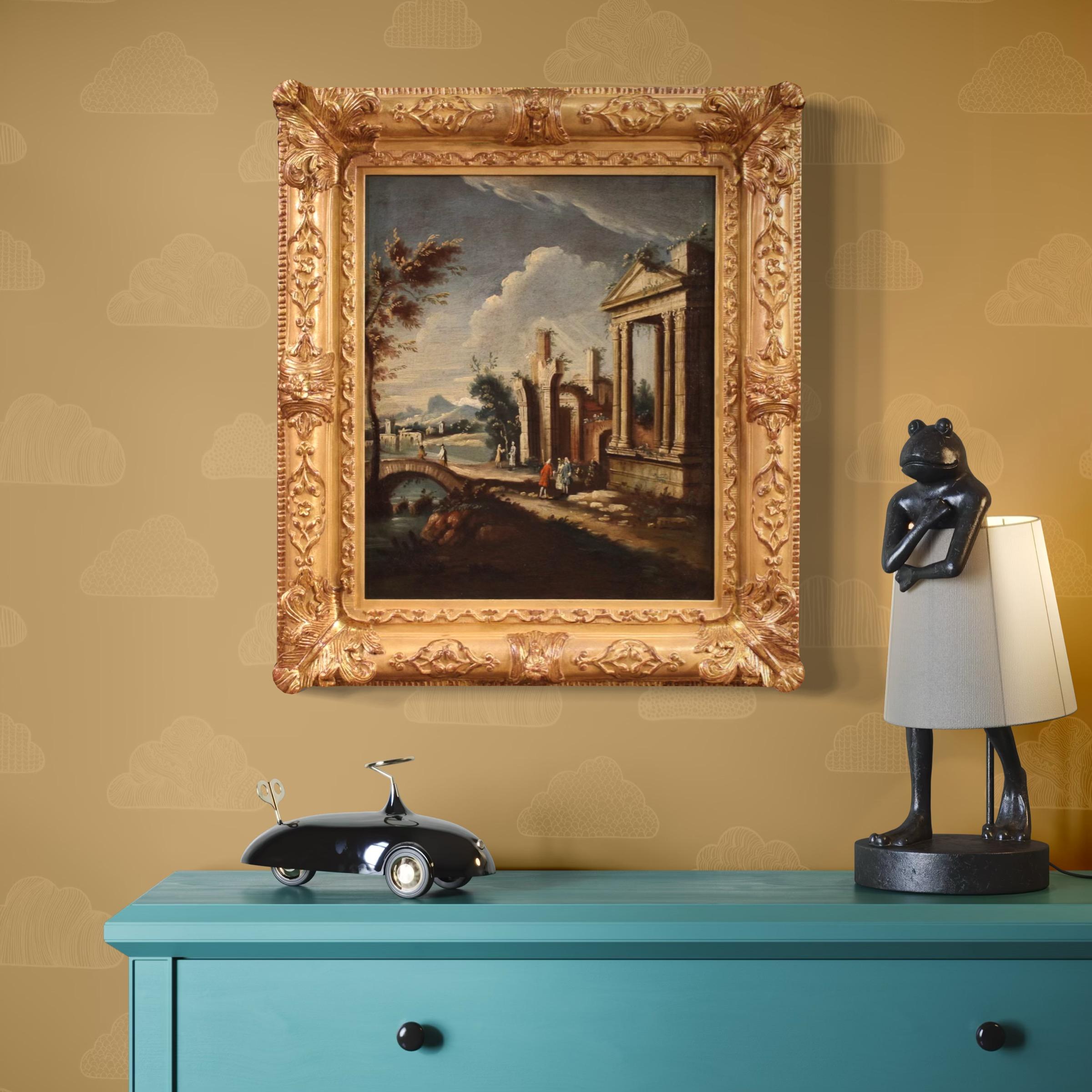 18th Century Oil on Canvas Venetian Architectural Capriccio Landscape Painting In condizioni buone in vendita a Vicoforte, Piedmont