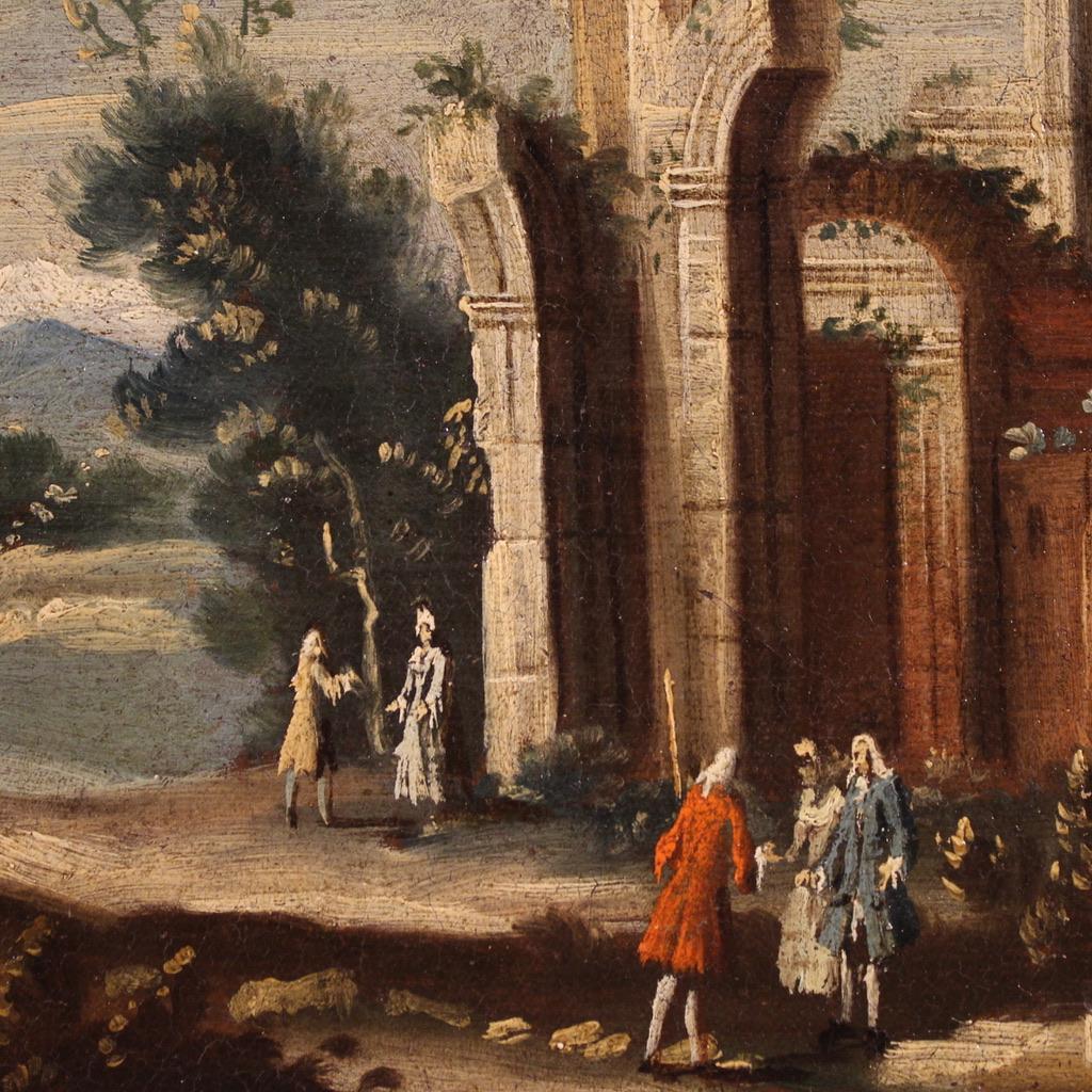 Tela 18th Century Oil on Canvas Venetian Architectural Capriccio Landscape Painting in vendita