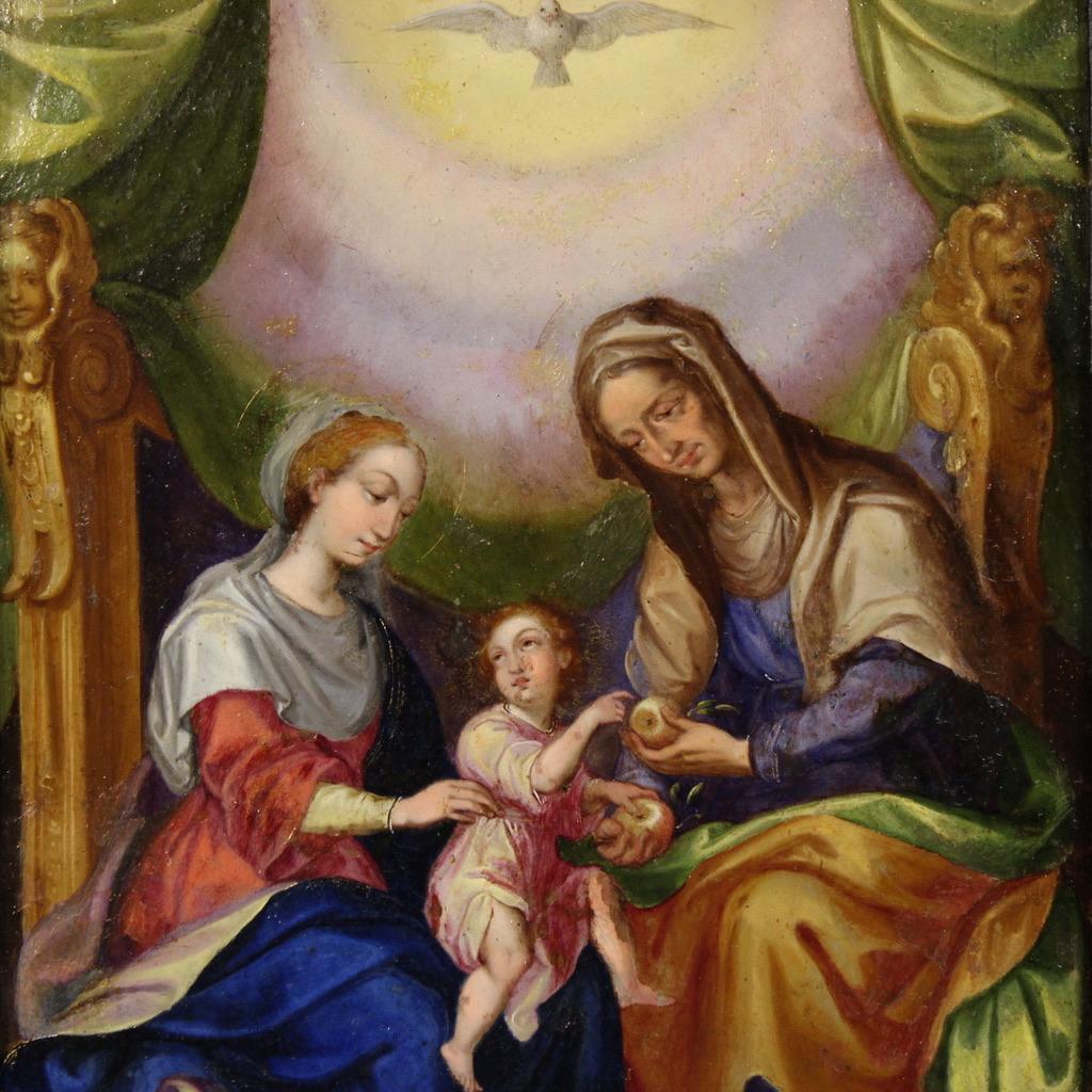 Rare 18th-century Italian painting. Refined oil-on-copper miniature depicting the Virgin Mary, Saint Anne, and the Baby Jesus. The two women are seated on a large gilded throne. At the center of the composition, the Child is held by the Madonna