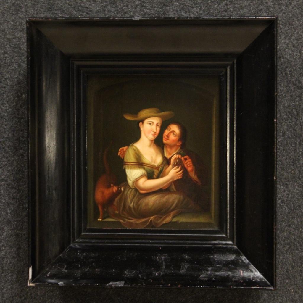 Antique Flemish painting from the second half of the 18th century. Oil on oak panel framework depicting a gallant genre scene with popular characters. Painting characterized by a trompe l'oeil effect enriched by numerous details and a curious cat in