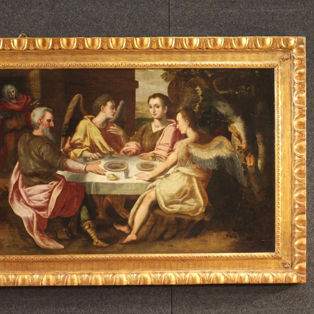 Antique Flemish painting from 18th century. Oil painting on oak panel depicting the biblical event written in the genesis 