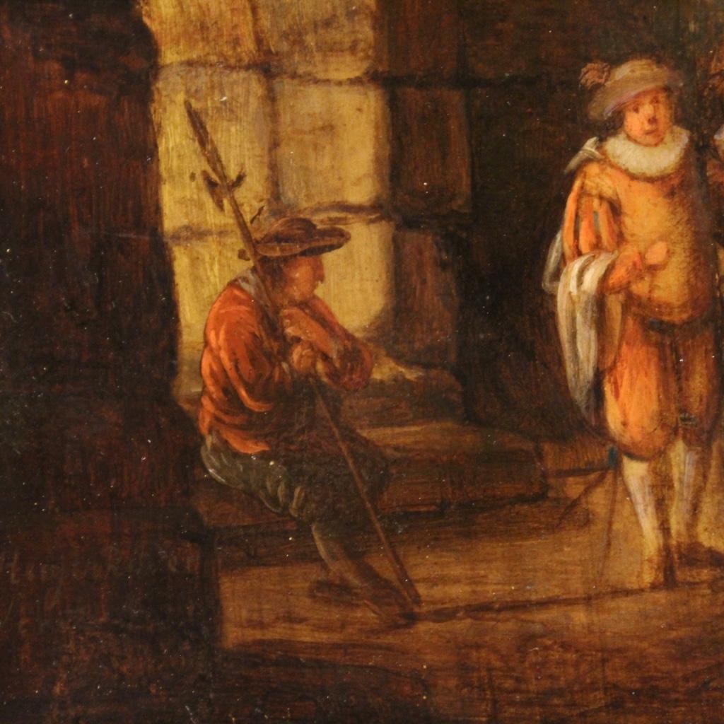 Wood 18th Century Oil on Panel Antique Flemish Signed Painting Interior Scene, 1780