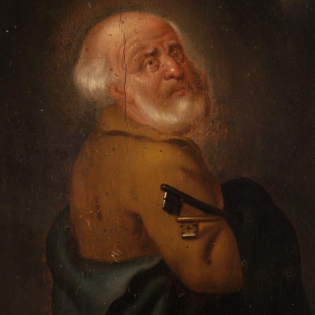 Ancient Flemish painting from the second half of the 18th century. Work oil on panel depicting a religious subject, St. Peter, of good pictorial quality. Painting of limited size, for antique dealers and collectors, adorned with a 20th century