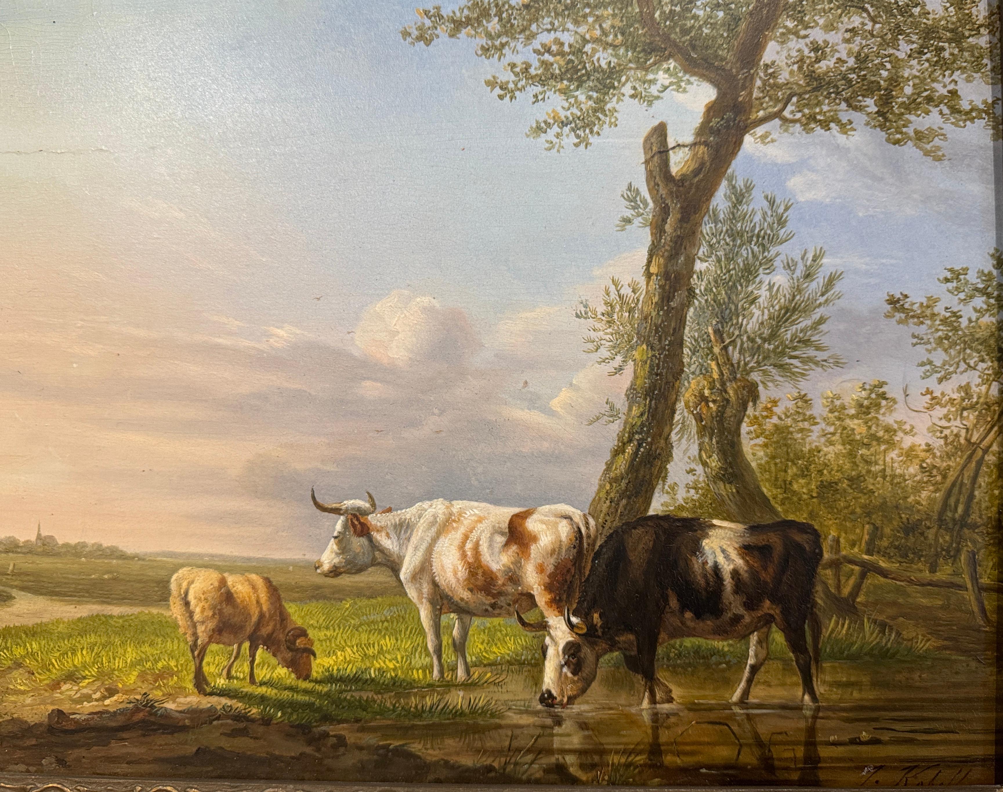 Pintura al óleo sobre tabla del siglo XVIII Vaca en marco dorado tallado Firmado Jan Kobell Holandés en venta