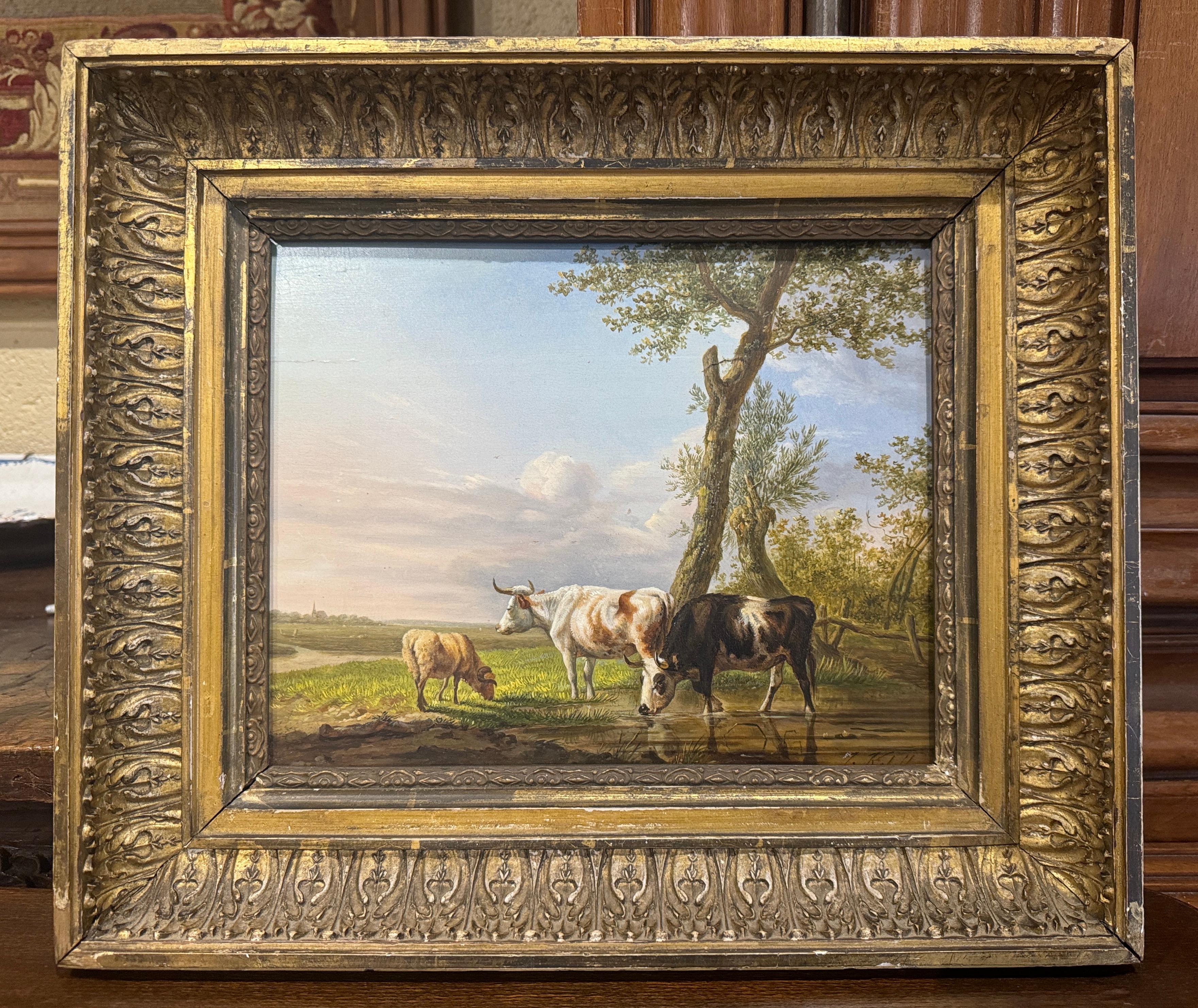 Pintura al óleo sobre tabla del siglo XVIII Vaca en marco dorado tallado Firmado Jan Kobell Dorado en venta