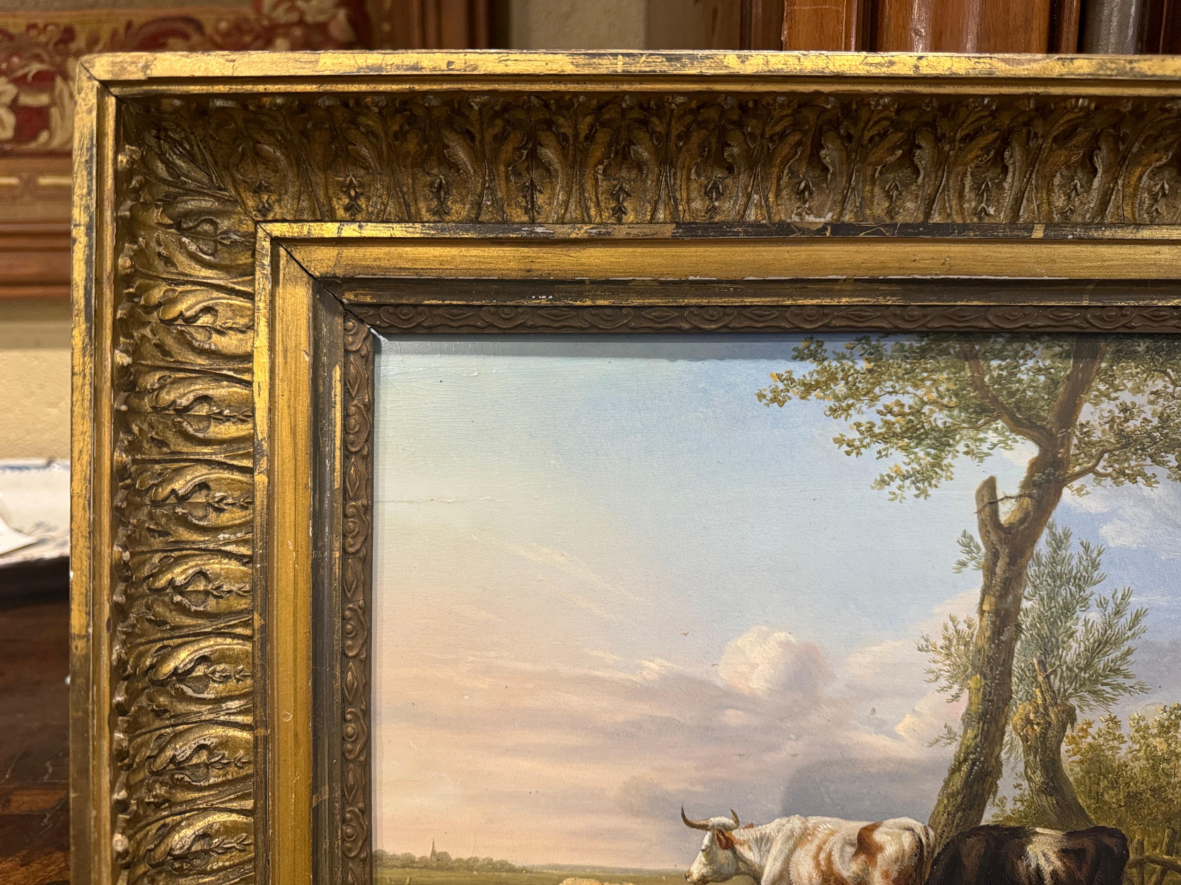 Pintura al óleo sobre tabla del siglo XVIII Vaca en marco dorado tallado Firmado Jan Kobell en Excelente estado para la venta en Dallas, TX