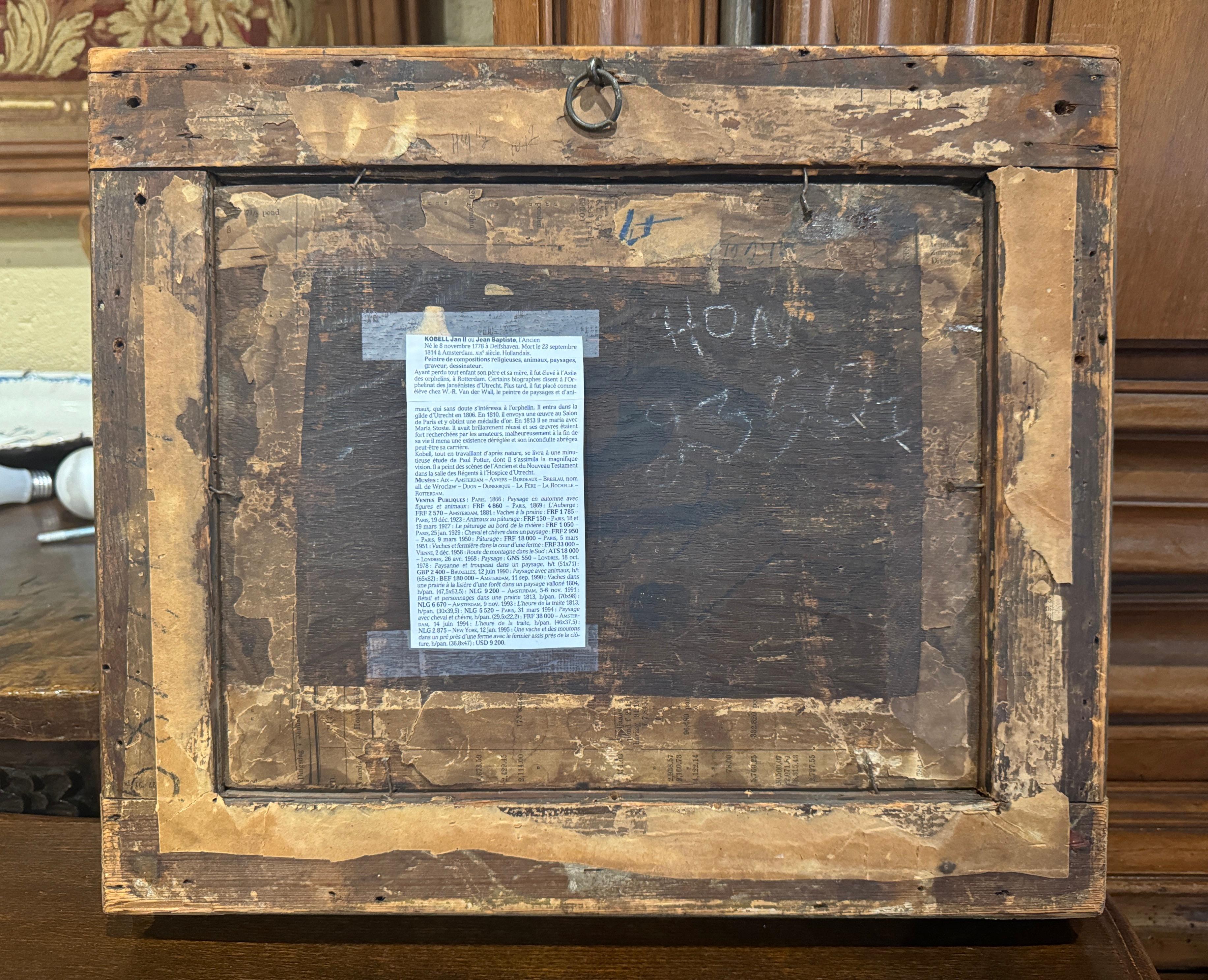 Pintura al óleo sobre tabla del siglo XVIII Vaca en marco dorado tallado Firmado Jan Kobell Lienzo en venta
