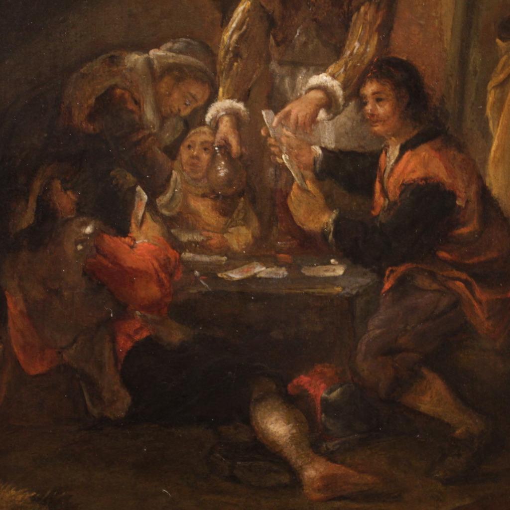 siglo XVIII Óleo sobre tabla Pintura flamenca antigua Jugadores de cartas, 1750 en Bueno estado para la venta en Vicoforte, Piedmont
