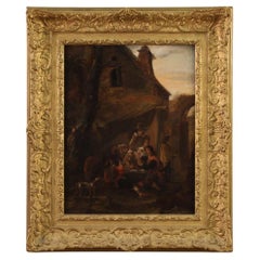18th Century Oil on Panel Flemish Antique Painting Card Players, 1750