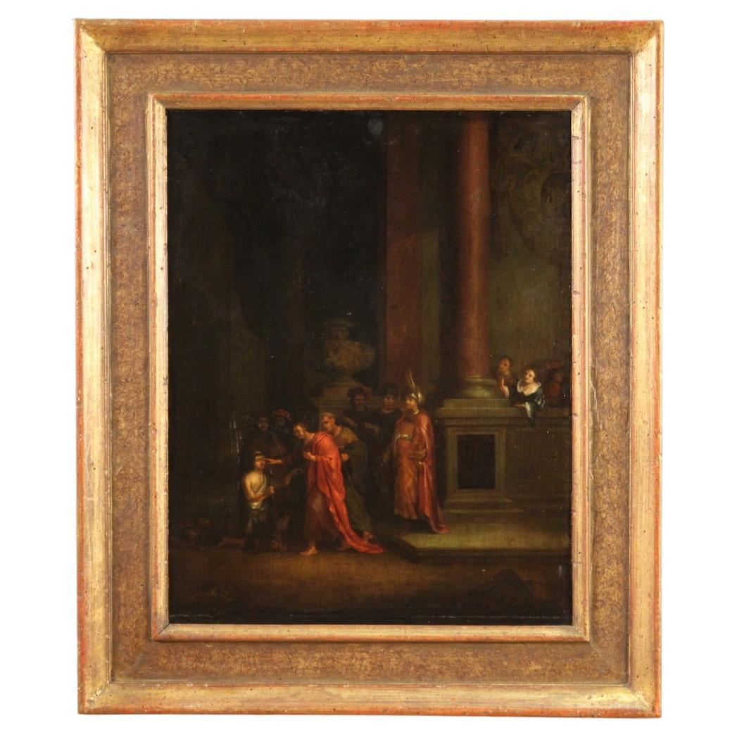 18th Century Oil on Panel Flemish Antique Painting the Healing of the Blind Man