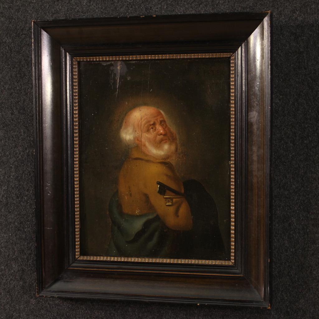 Wood 18th Century Oil on Panel Flemish Antique Religious Painting Saint Peter, 1780 For Sale