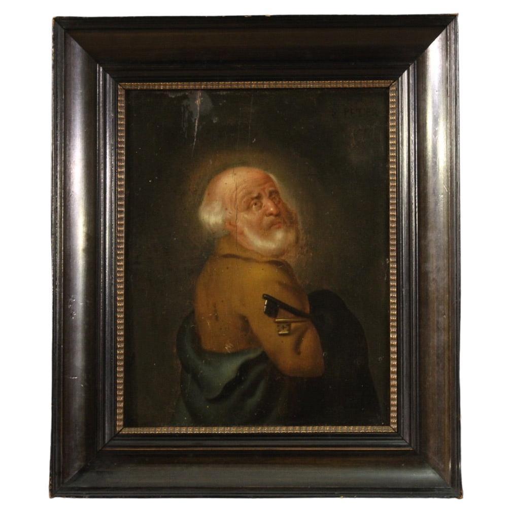 18th Century Oil on Panel Flemish Antique Religious Painting Saint Peter, 1780 For Sale