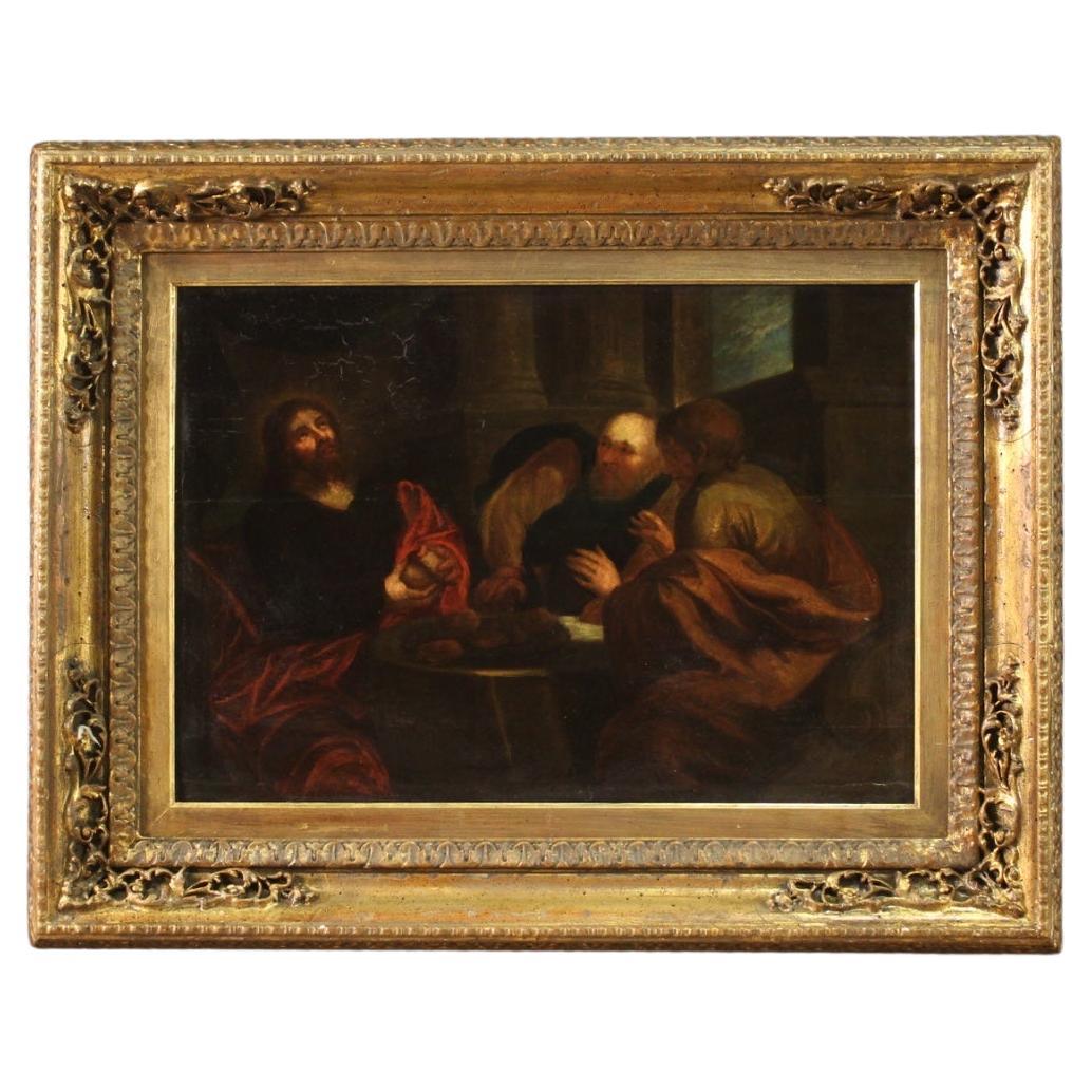 18th Century Oil on Panel Flemish Antique Religious Painting Supper at Emmaus  For Sale