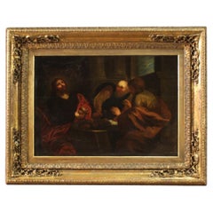 18th Century Oil on Panel Flemish Antique Religious Painting Supper at Emmaus 