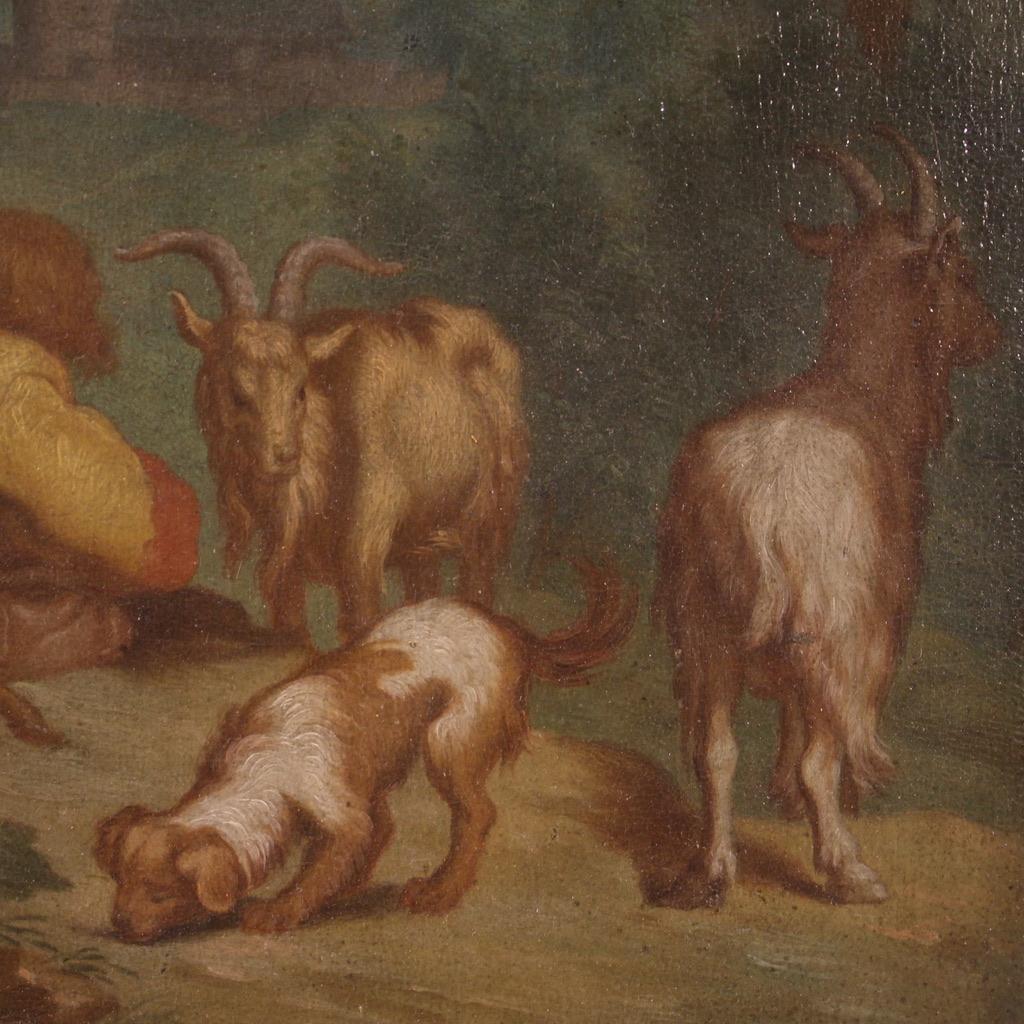 18th Century Oil on Panel Flemish Bucolic Landscape Painting Shepherd Dog, 1750 For Sale 4